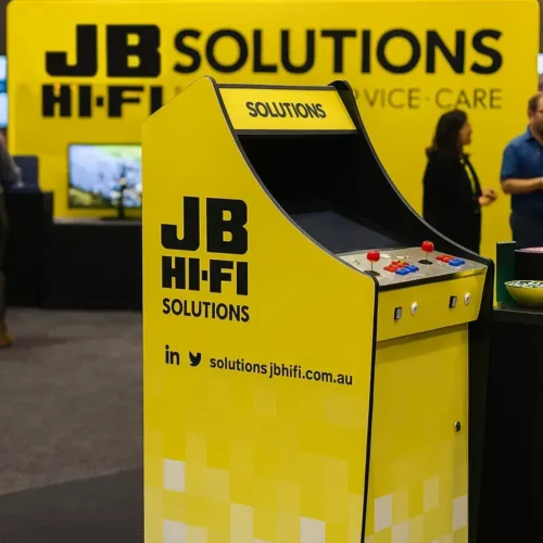 JB Hi-Fi Solutions branded arcade machine at a corporate expo activation
