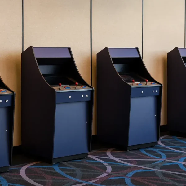 Row of standard blue arcade machine cabinets ready for event hire