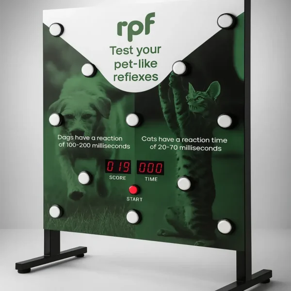 RPF pet-themed Batak reaction wall comparing dog and cat reaction times