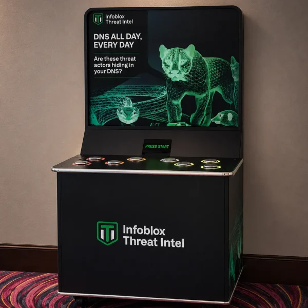 Whack-a-Light cabinet fully branded for Infoblox Threat Intel