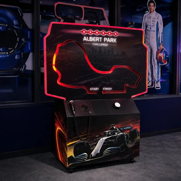 Custom Buzz Board playfield with a Formula 1 racetrack design for an office event