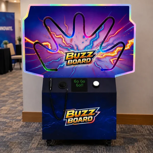 Full Buzz Board arcade unit with colorful lightning hand graphics on the playfield.