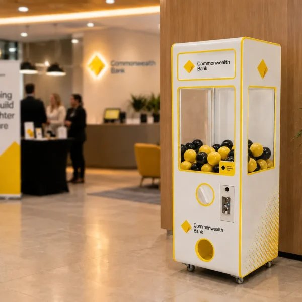 CBA Branded capsule vending machine inside branch