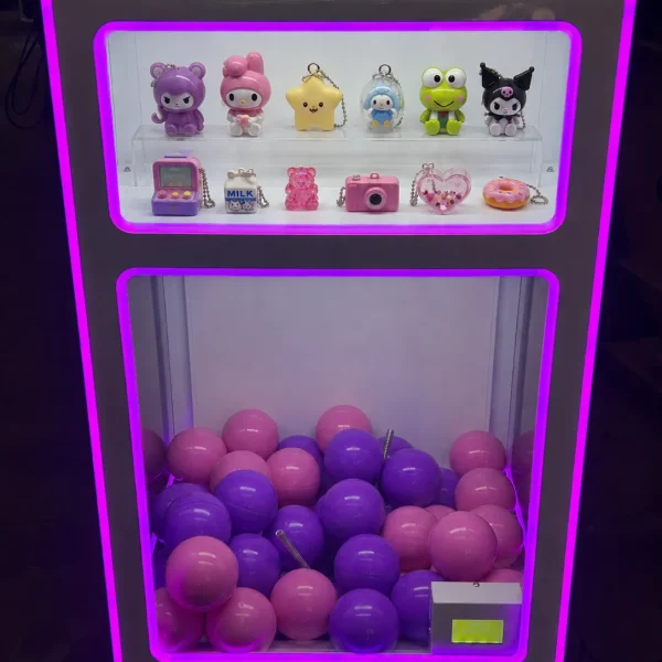 Custom gashapon capsule vending machine filled with purple capsules